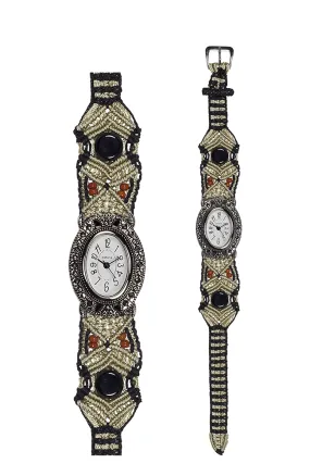 101A - Wide with Vintage Style Oval Marcasite Watch