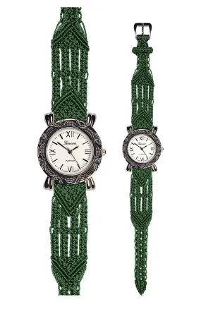 106 Green - Wide with Bali Style Round Etched Silver Watch