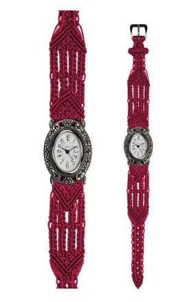 106 Red - Wide with Vintage Style Oval Marcasite Watch