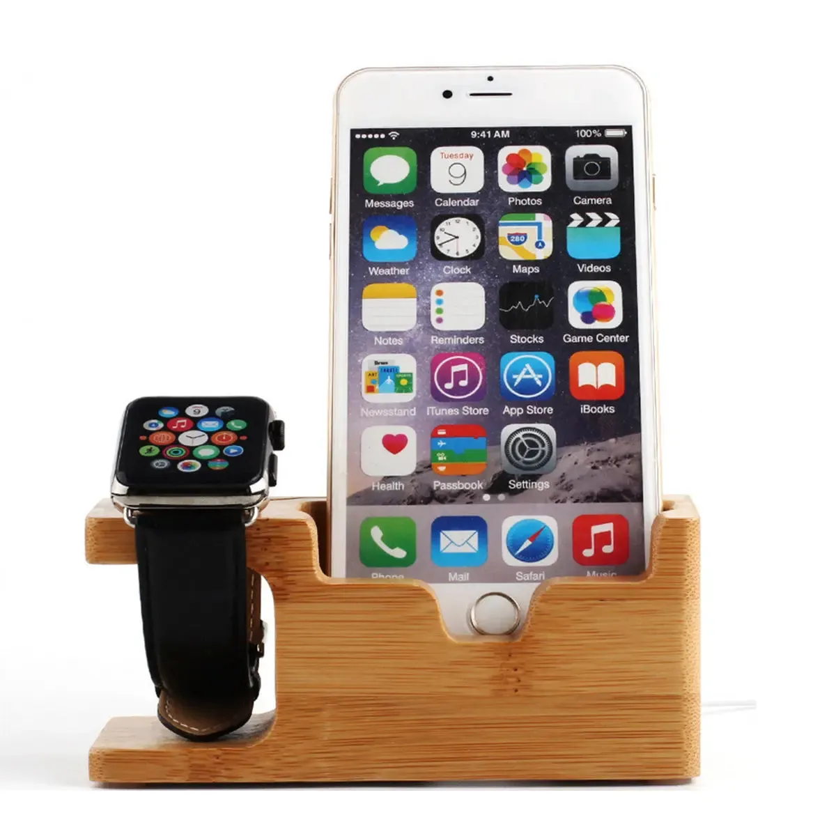 2 in 1 Bamboo Wood Charging Station Stand 3 USB for iPhone &