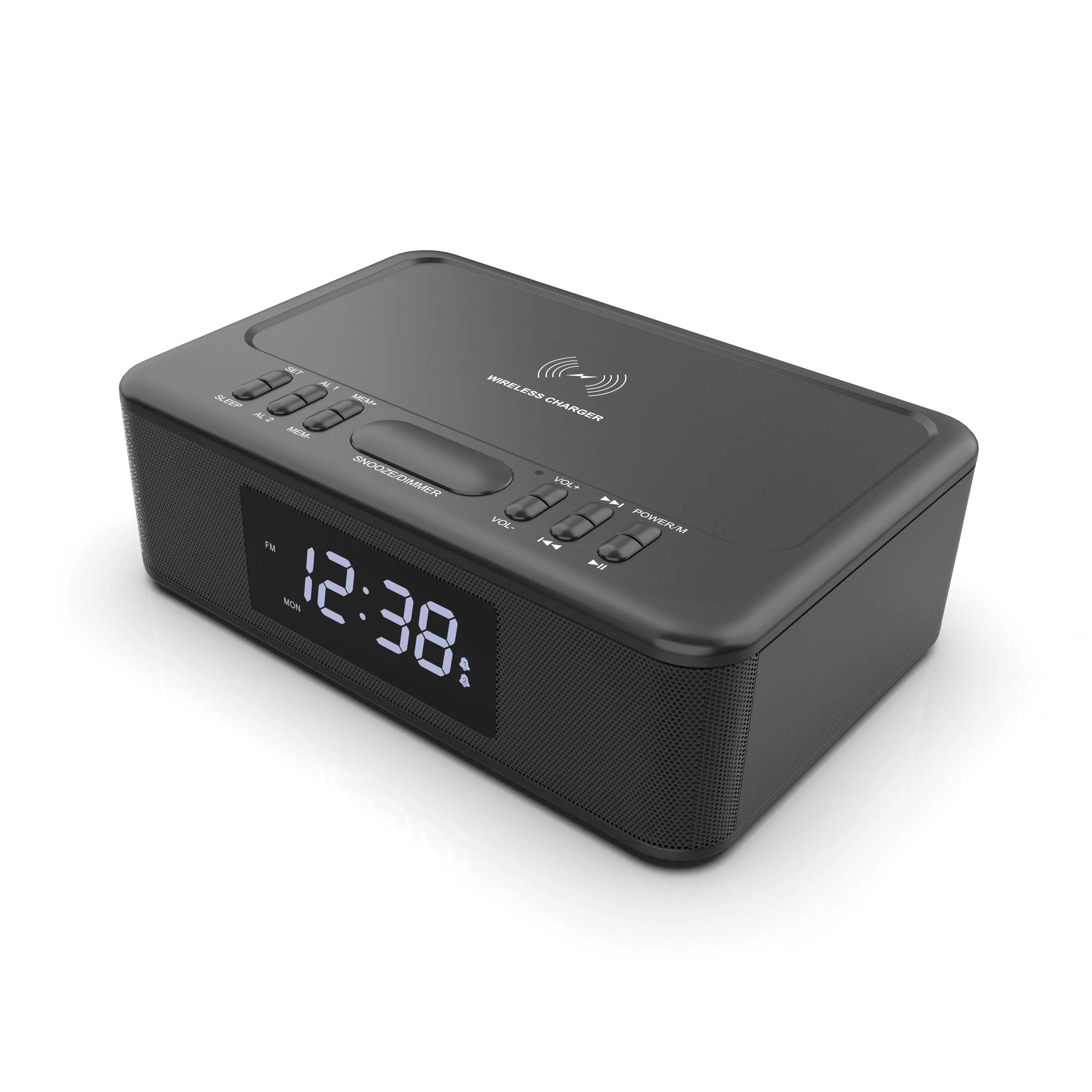 2in1 10W Wireless Fast Charging FM Radio Alarm Clock w/ Wireless/USB/AUX