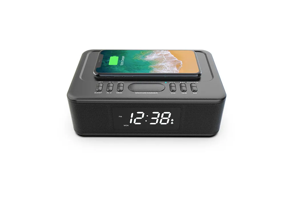 2in1 10W Wireless Fast Charging FM Radio Alarm Clock w/ Wireless/USB/AUX