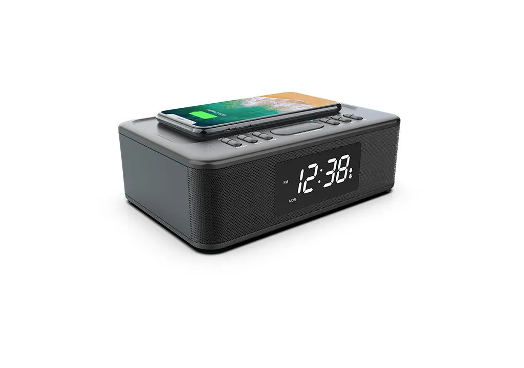 2in1 10W Wireless Fast Charging FM Radio Alarm Clock w/ Wireless/USB/AUX