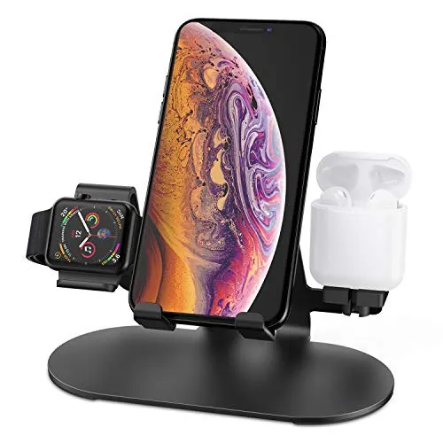 3 in 1 Aluminum Charging Station for Apple Watch Charger Stand Dock for iWatch Series 4/3/2/1,iPad,AirPods and iPhone Xs/X Max/XR/X/8/8Plus/7/7 Plus /6S /6S Plus（Black）