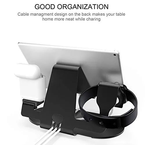 3 in 1 Aluminum Charging Station for Apple Watch Charger Stand Dock for iWatch Series 4/3/2/1,iPad,AirPods and iPhone Xs/X Max/XR/X/8/8Plus/7/7 Plus /6S /6S Plus（Black）