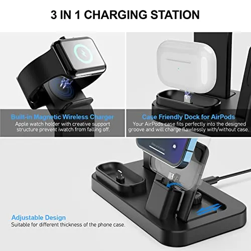 3 in 1 Charging Station for Apple Products, Removable Charging Stand for iPhone Series AirPods Pro/3/2/1, Charging Dock for Apple Watch SE/7/6/5/4/3/2/1(with 10W Adapter and Cable)(Black)