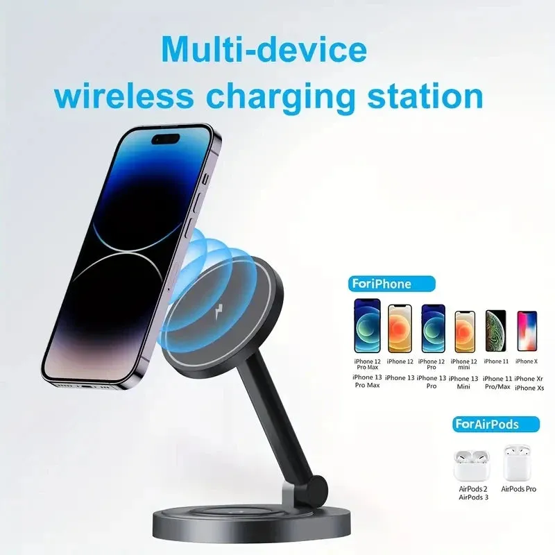 3 In 1 Foldable Wireless Charger|Stand Pad Fast Magnetic Charging Station Dock for iPhone 15 14 13 12 Pro Max Mini Airpods 3/2