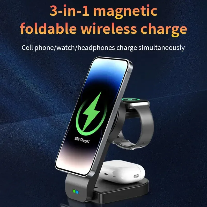 3 In 1 Magnetic Wireless Charger Stand Pad Foldable Fast Charging Station Dock For iPhone 15 14 13 12 Pro Max IWatch 8 7 Airpods