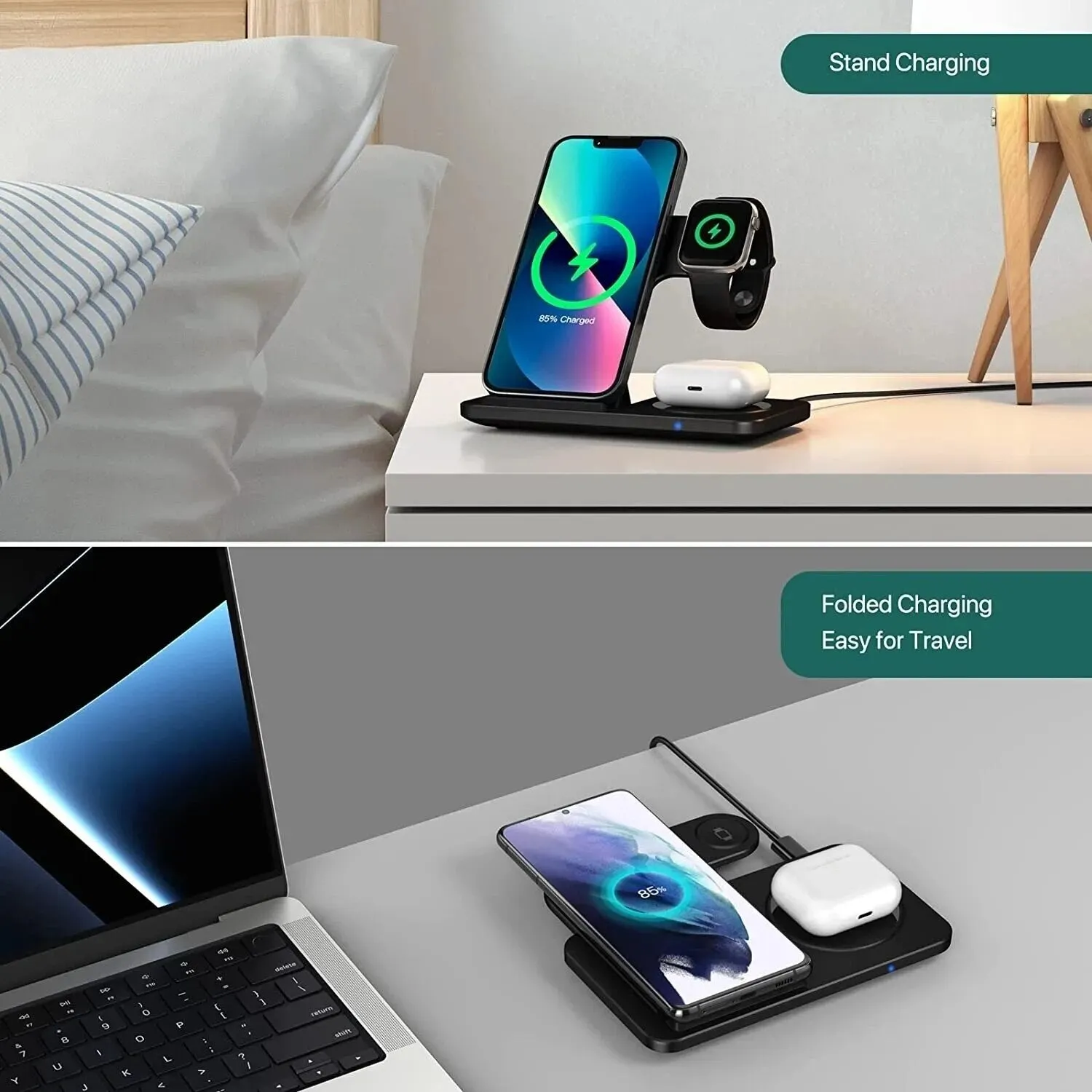 3 in 1 Wireless Charger Stand Pad Fast Charging Station Dock