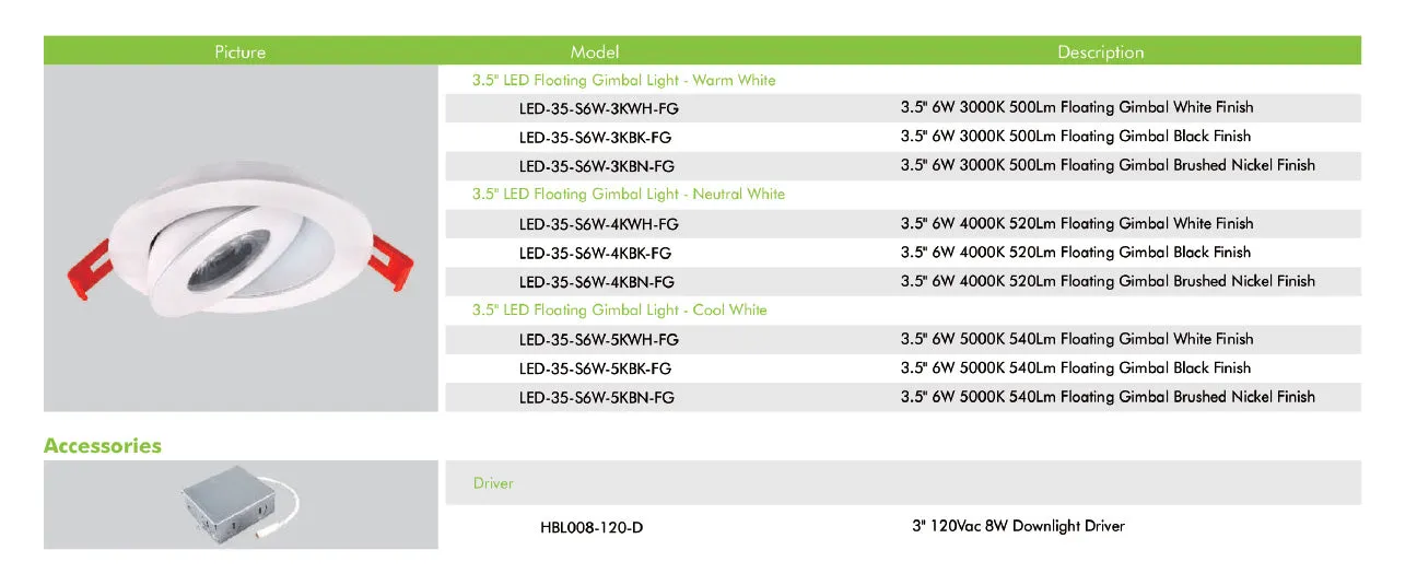 3.5" LED FLOATING GIMBAL - 6W - WHITE TRIM