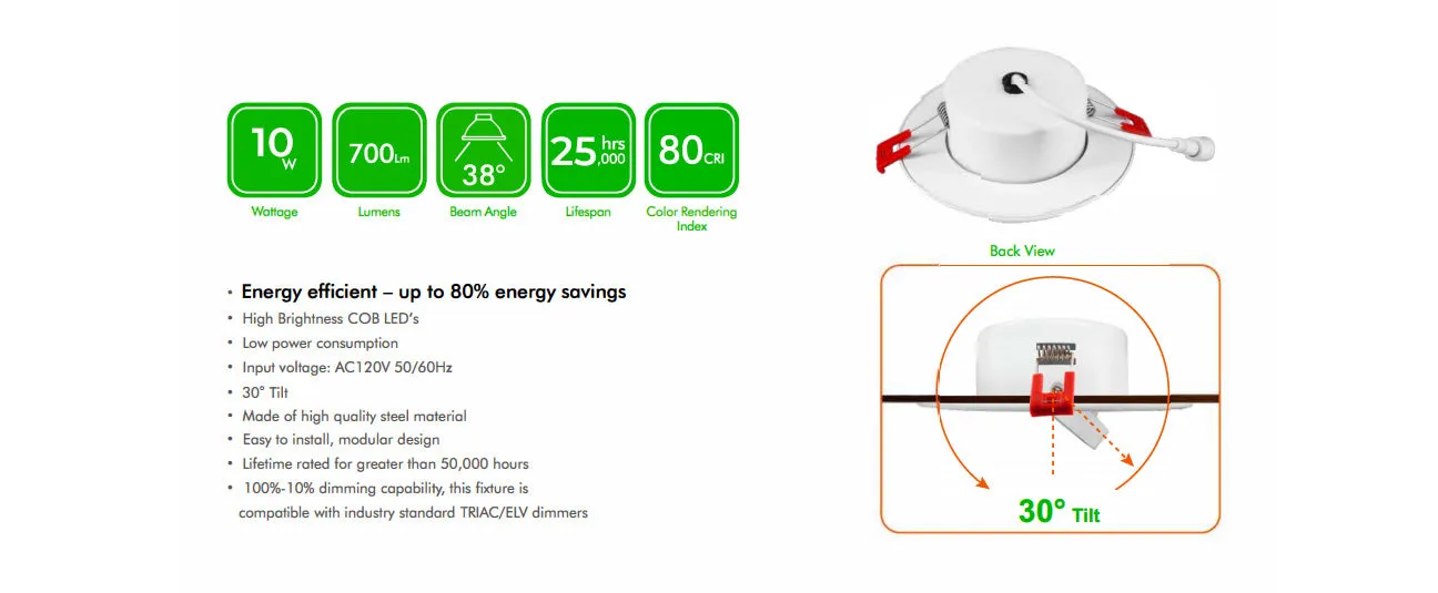 4" Slim Gimbal Downlight 3CCT Light - Change & Dim by Switch