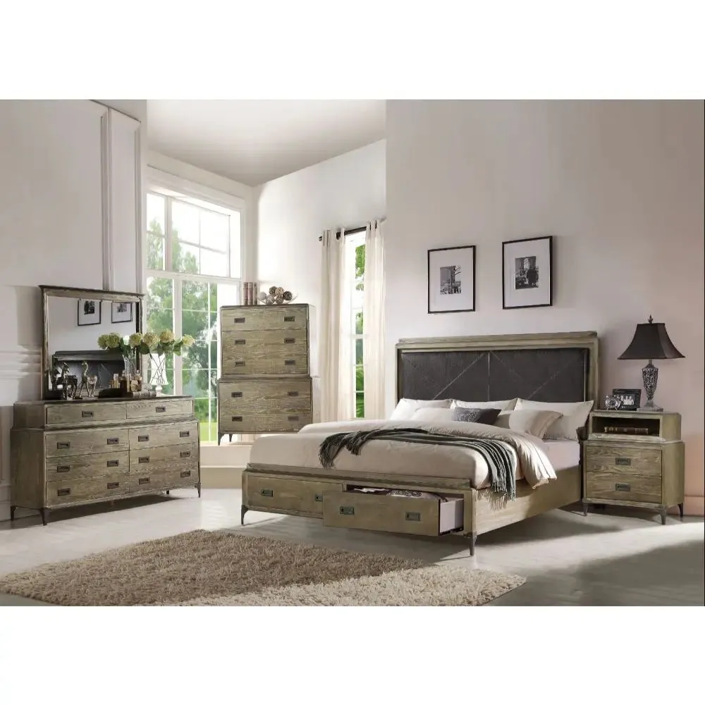 Alina King Bed w/Two Front Drawer, Weather Oak