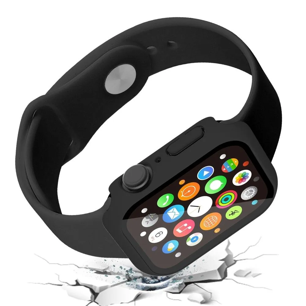 Apple Watch (41mm) rubberized hard cover with tempered glass screen protector - Black