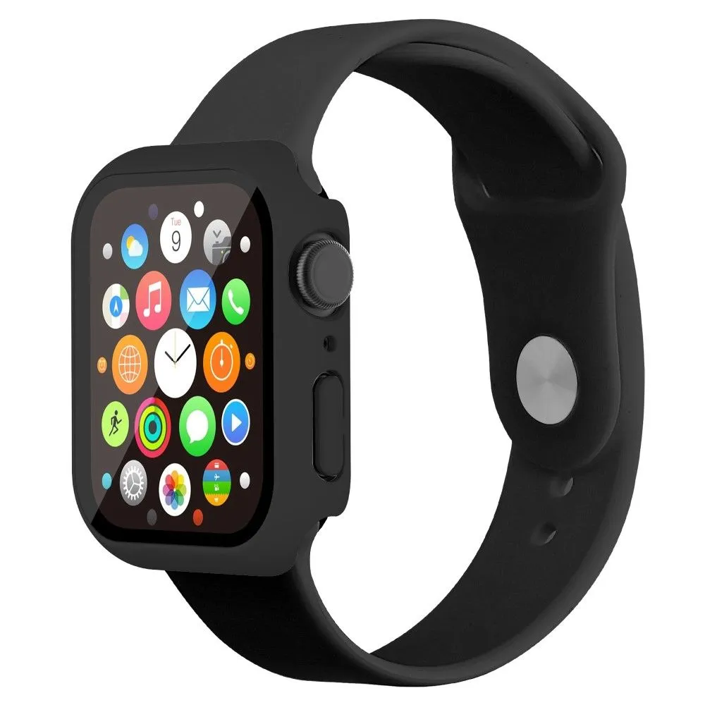 Apple Watch (41mm) rubberized hard cover with tempered glass screen protector - Black