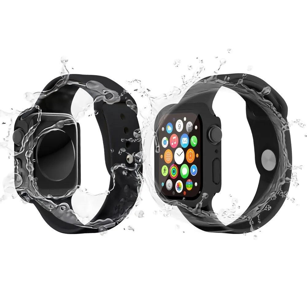 Apple Watch (41mm) rubberized hard cover with tempered glass screen protector - Black