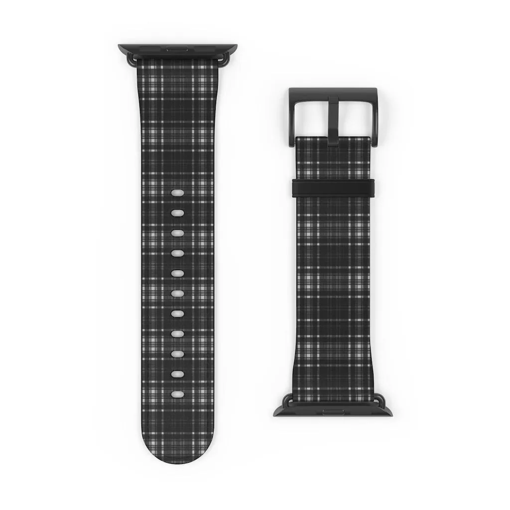 Black Gray Plaid Apple Watch Band, Tartan Print 38mm/42mm Watch Band - Made in USA