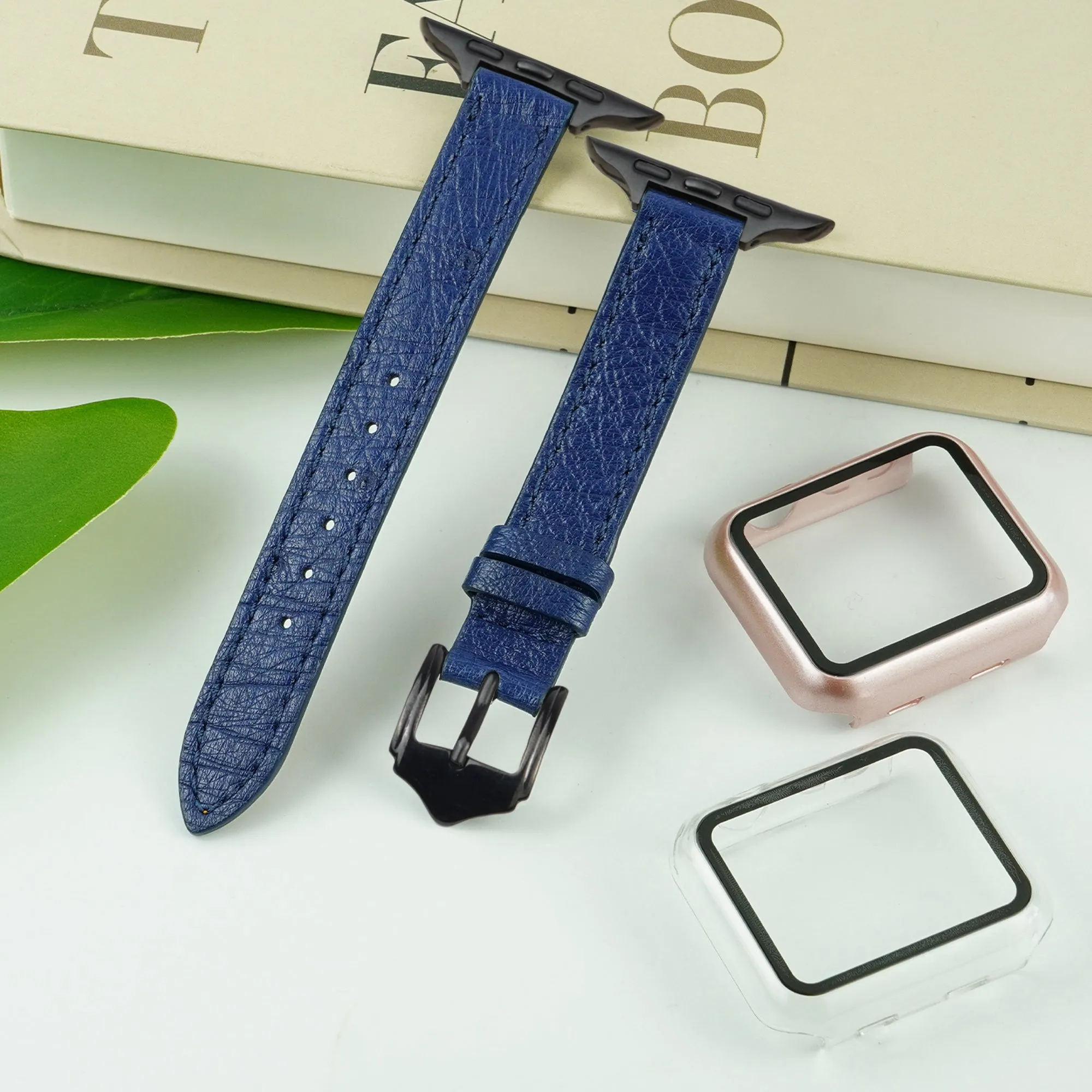 Blue Flat Ostrich Leather Band Compatible Apple Watch Iwatch 42mm Screen Protector Case Black Adapter Replacement Strap For Smartwatch Series 1 2 3 Leather Handmade AW-184B-W-42MM