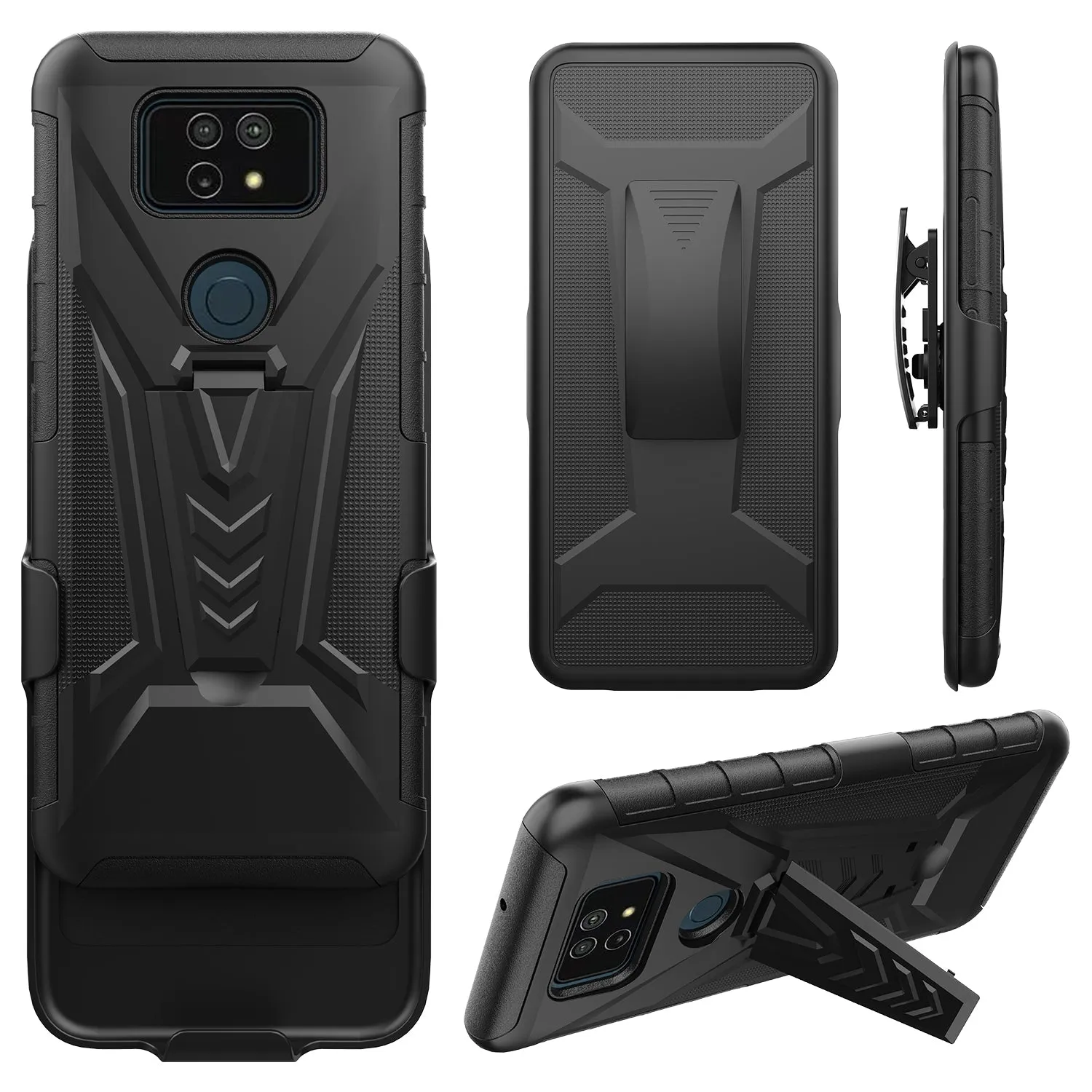 Case for AT&T Motivate Max U668AA / Cricket Ovation 3 Case with Tempered Glass Screen Protector Cover with Kickstand Phone Belt Clip Holster - Black