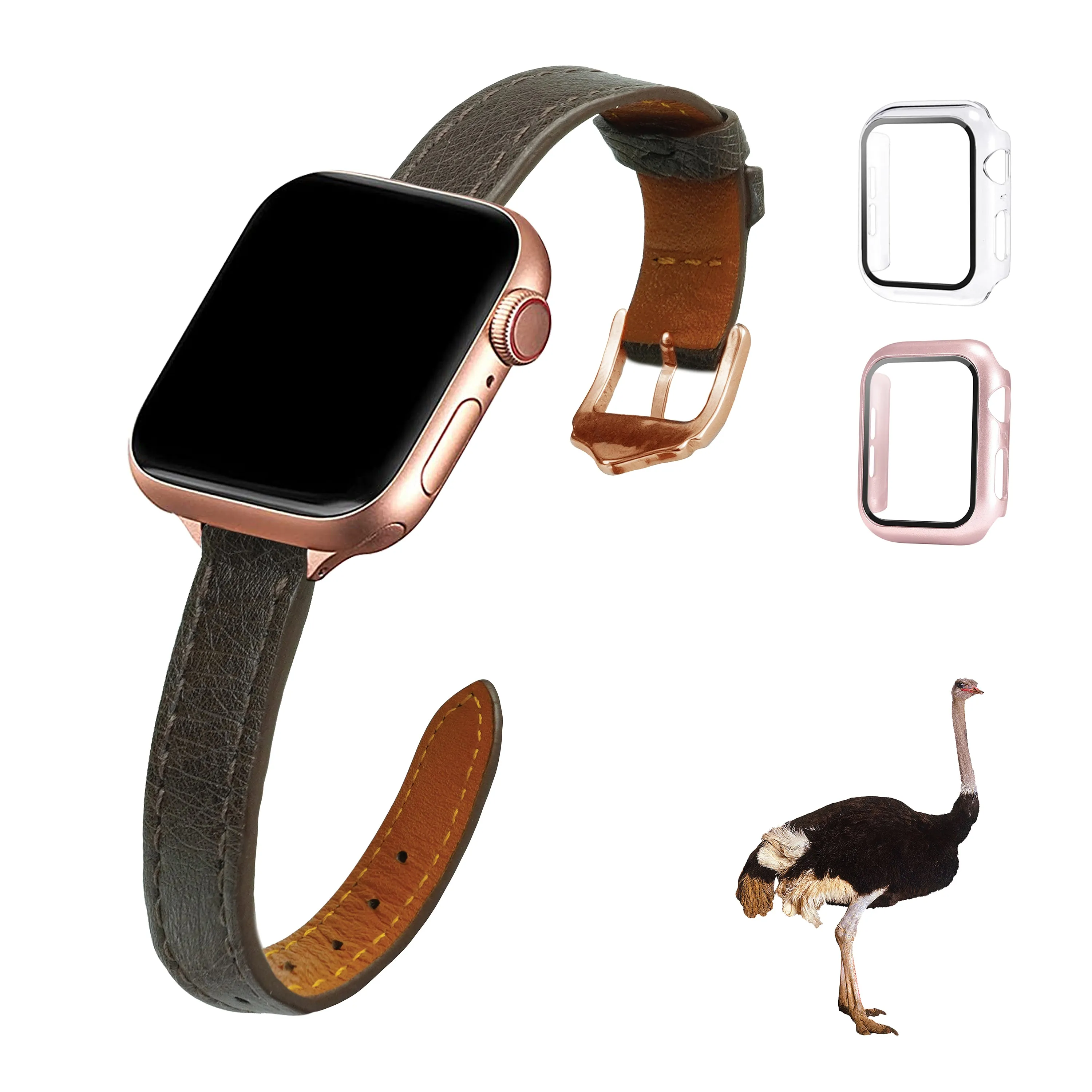 Dark Brown Flat Ostrich Leather Band Compatible Apple Watch Iwatch 45mm Screen Protector Case Gold Adapter Replacement Strap For Smartwatch Series 7 8 Leather Handmade AW-183G-W-45MM