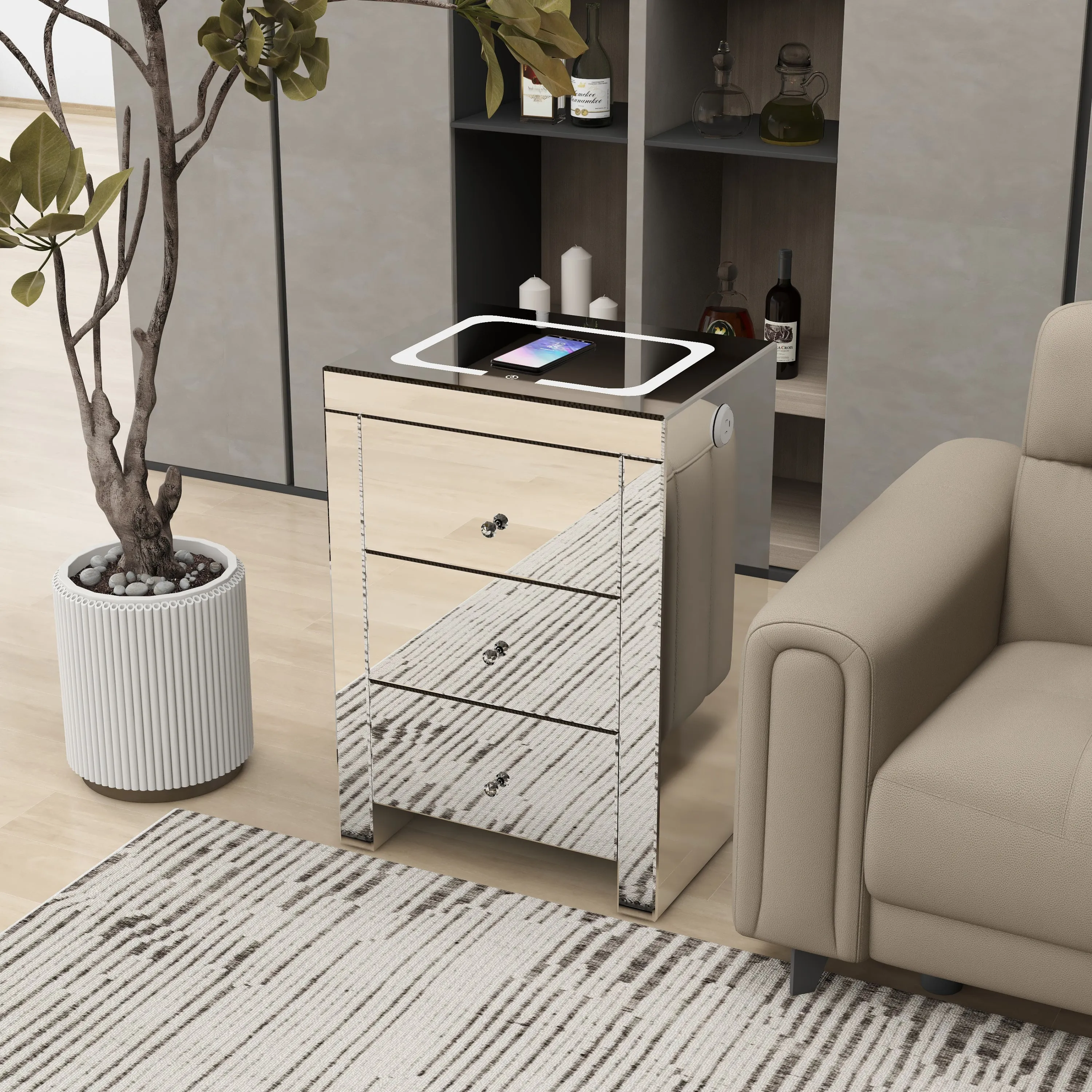 Dax Nightstand with Wireless Charging and Charging Ports - Silver