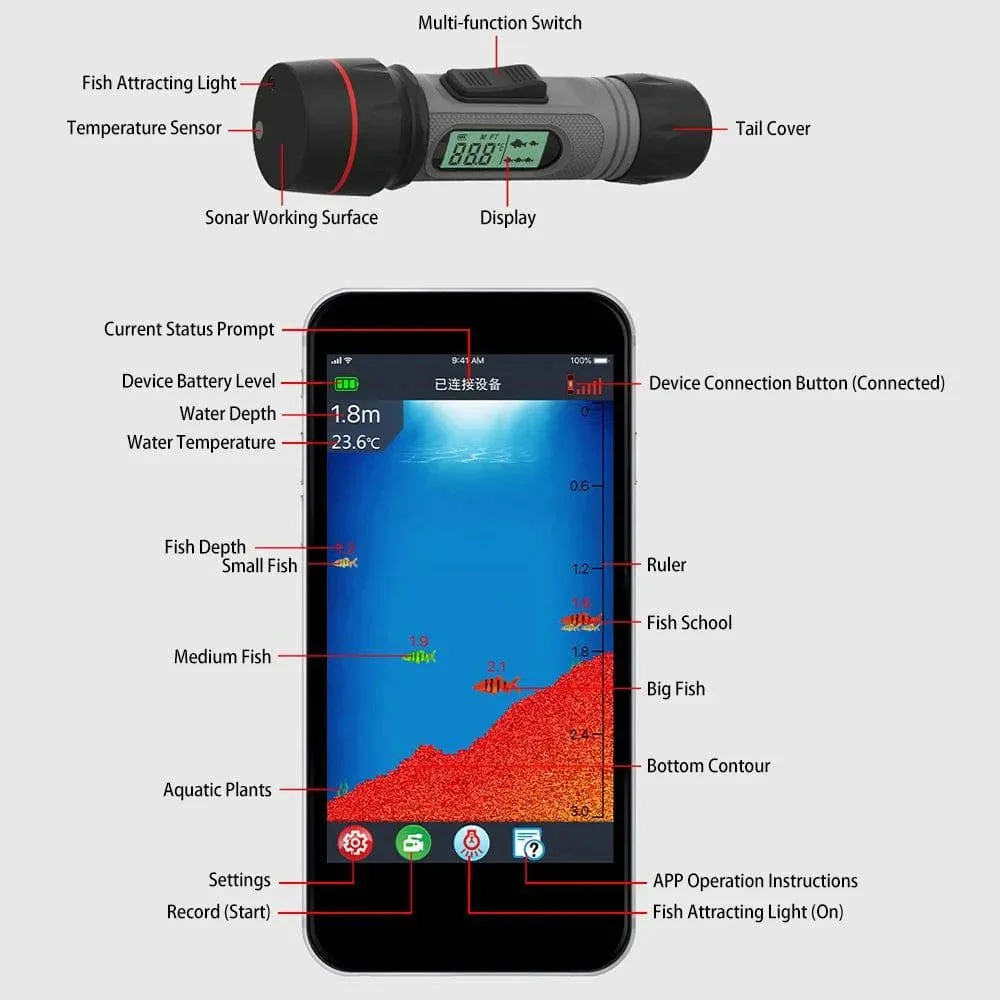 F12B Wireless Fish Finder Rechargeable Echo Sounder 90M Depth Portable Handheld Waterproof Sonar For Winter Ice Fishing Outdoor