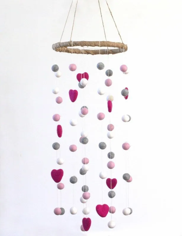 Felt Ball & Heart Nursery Mobile- Berry, Baby Pink, Gray - LARGE