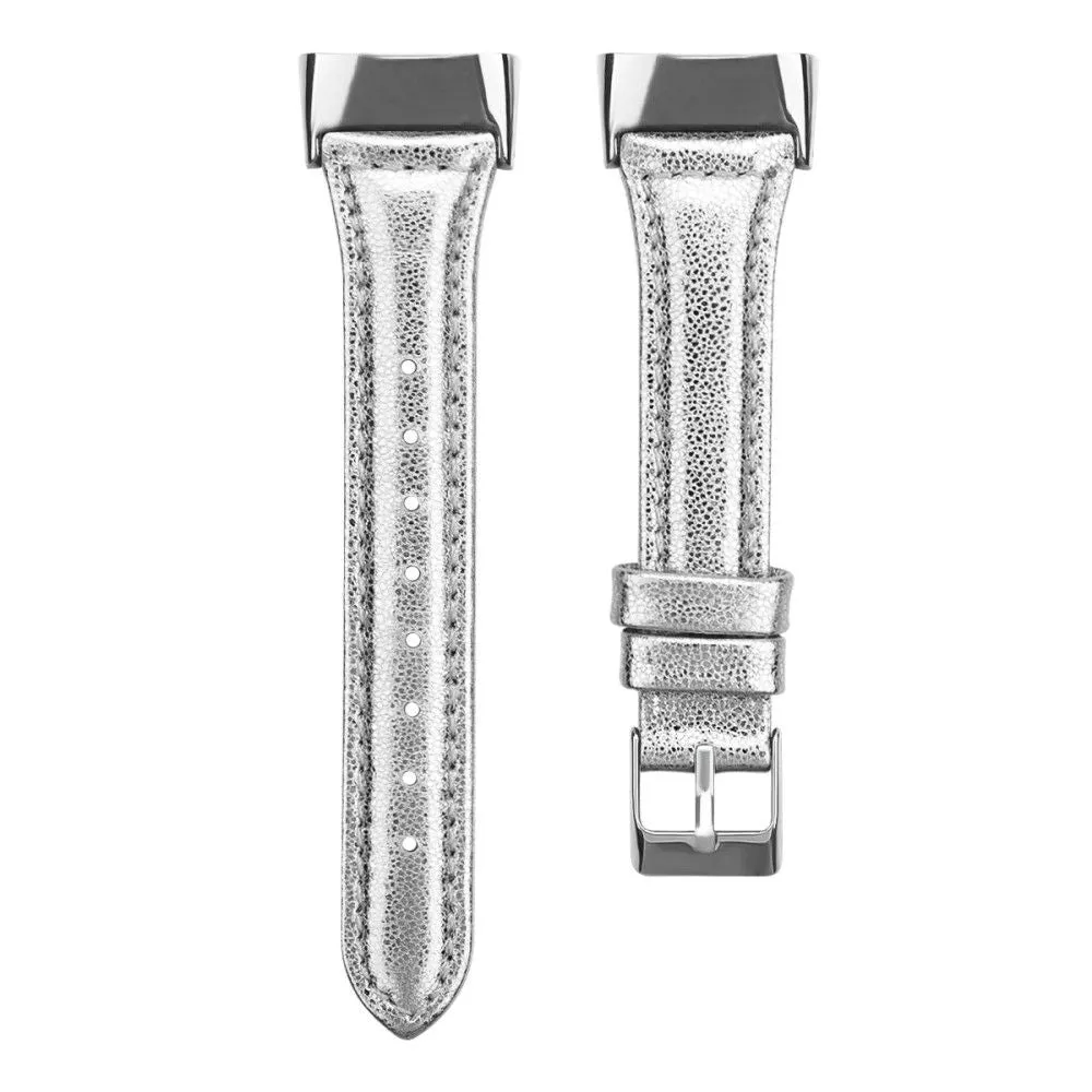 Fitbit Charge 5 cowhide genuine leather watch strap - Silver / Size: L