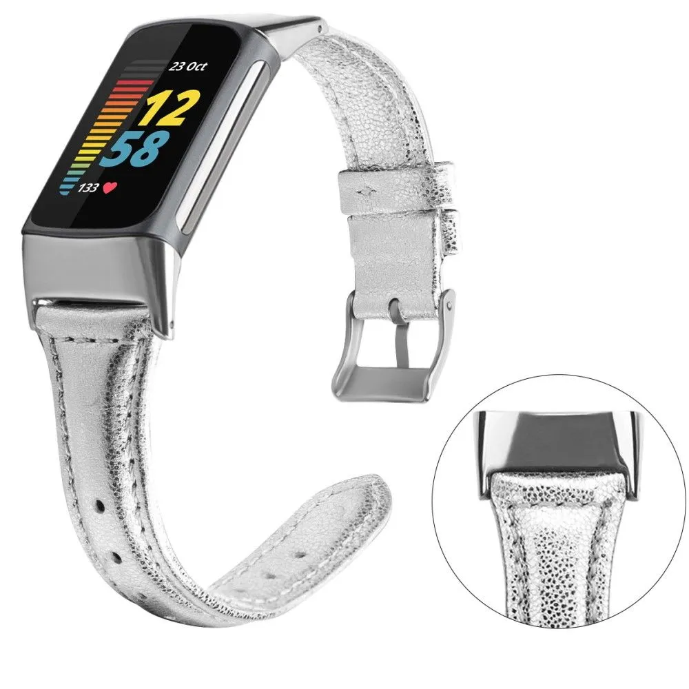 Fitbit Charge 5 cowhide genuine leather watch strap - Silver / Size: L