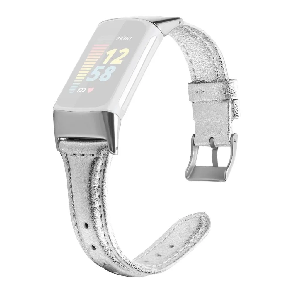 Fitbit Charge 5 cowhide genuine leather watch strap - Silver / Size: L