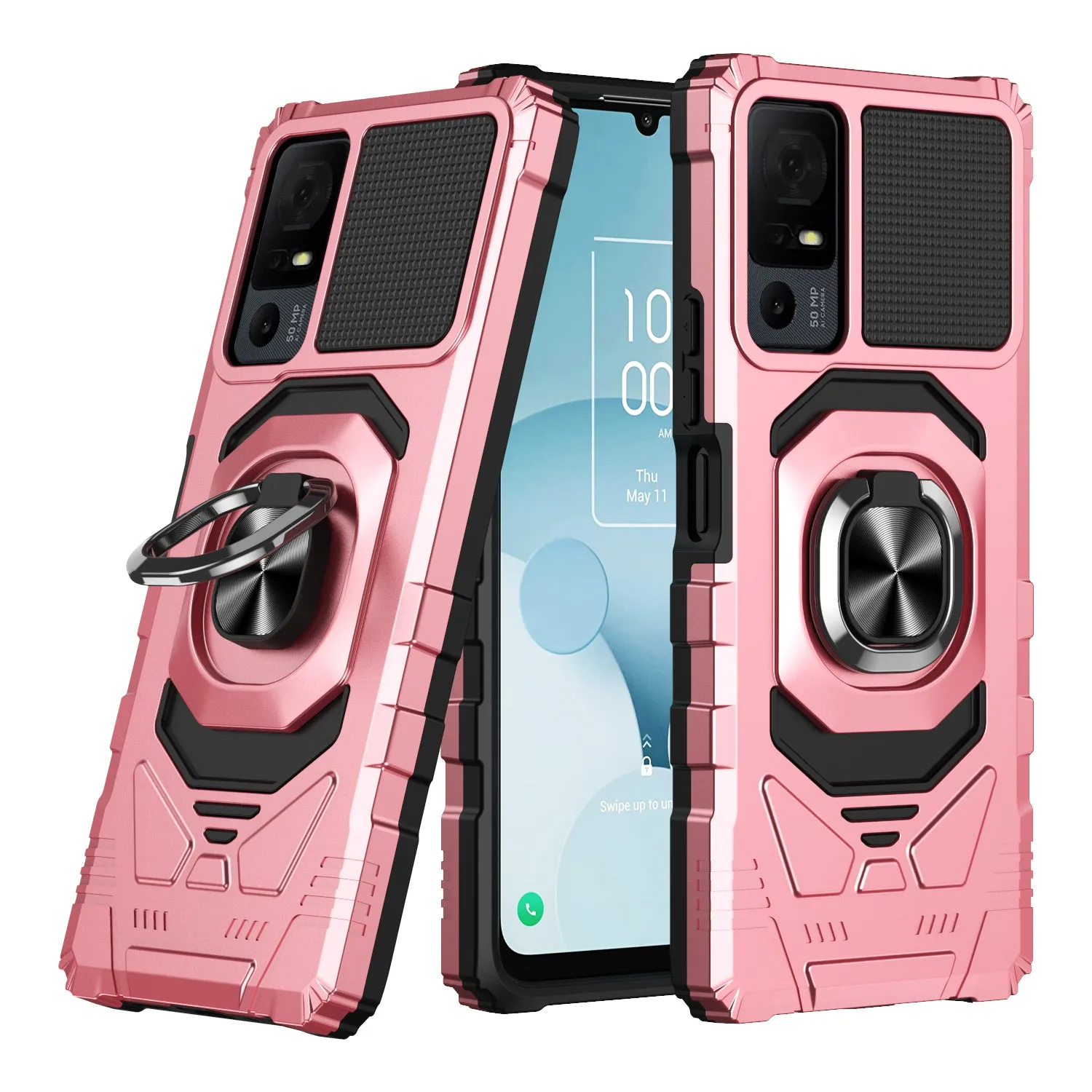 For Alcatel Jitterbug Smart 4 Case [Military Grade] Ring Car Mount Kickstand w/[Tempered Glass] Hybrid Hard PC Soft TPU Shockproof Protective Case - Rose Gold