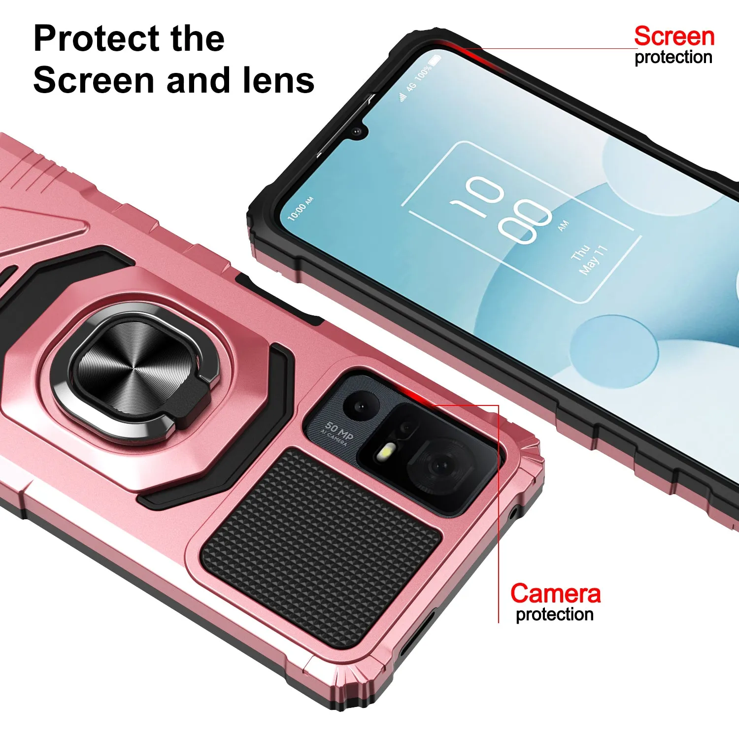 For Alcatel Jitterbug Smart 4 Case [Military Grade] Ring Car Mount Kickstand w/[Tempered Glass] Hybrid Hard PC Soft TPU Shockproof Protective Case - Rose Gold