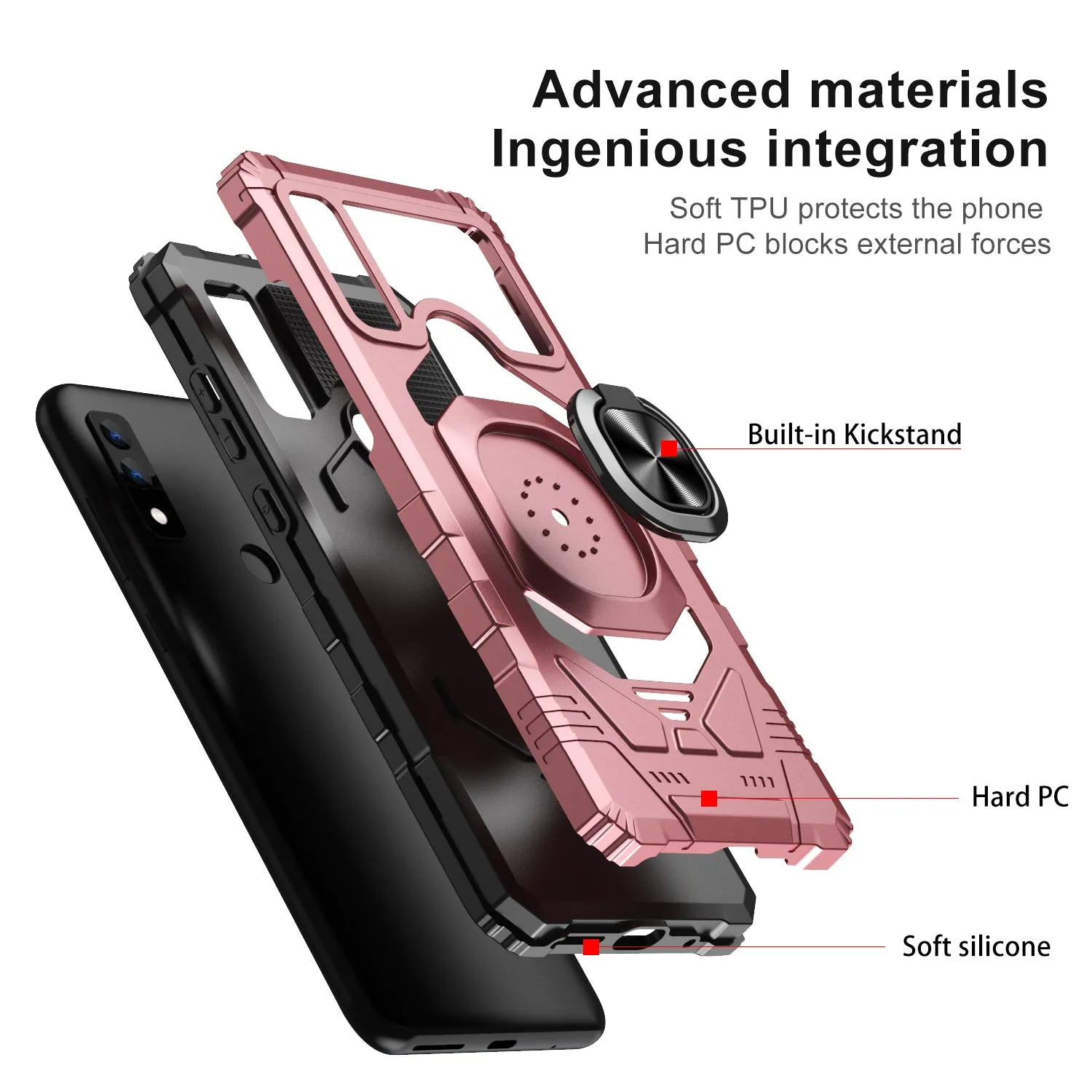 For AT&T Maestro 3 Case [Military Grade] Ring Car Mount Kickstand w/[Tempered Glass] Hybrid Hard PC Soft TPU Shockproof Protective Case - Rose Gold