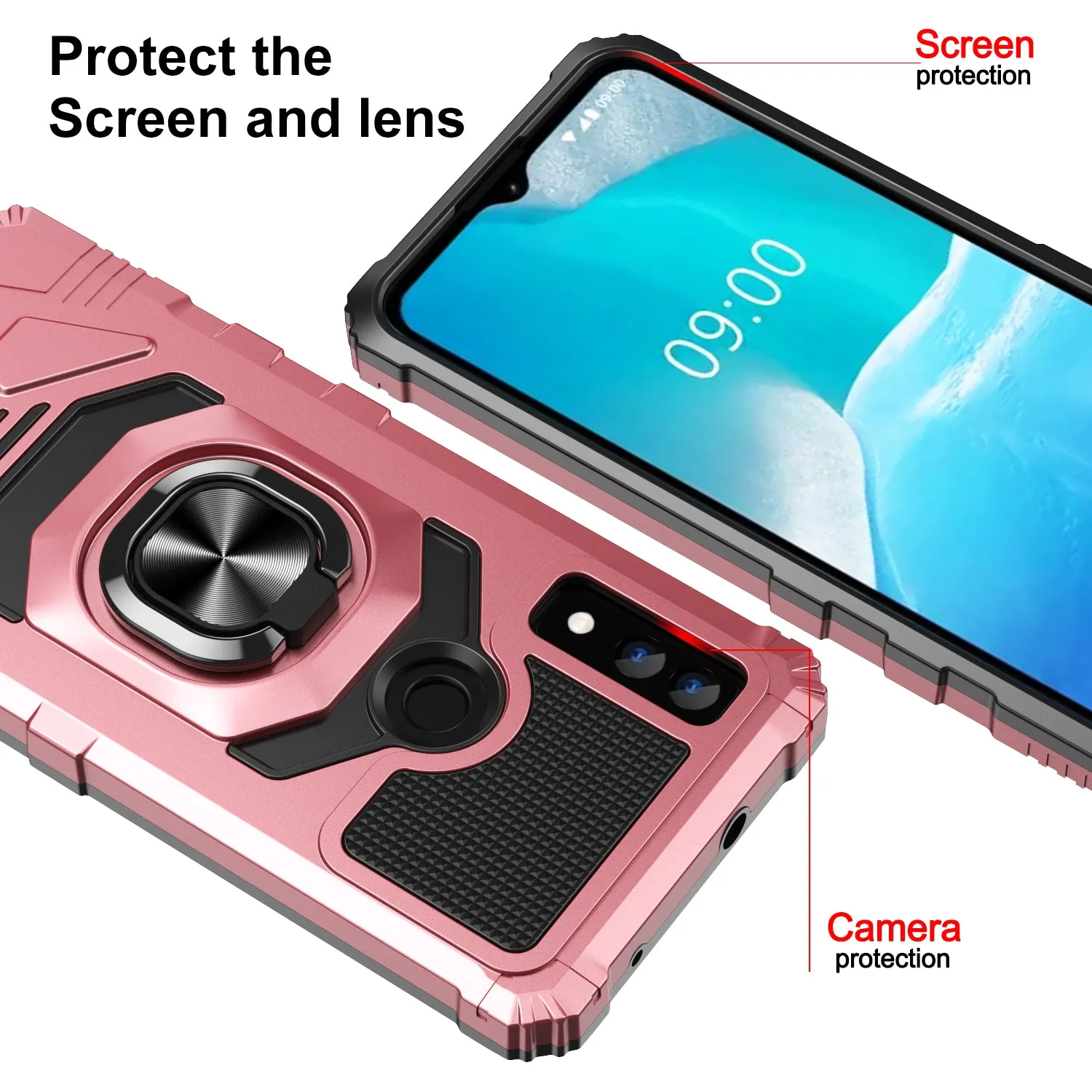 For AT&T Maestro 3 Case [Military Grade] Ring Car Mount Kickstand w/[Tempered Glass] Hybrid Hard PC Soft TPU Shockproof Protective Case - Rose Gold