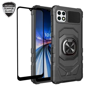 For Boost Celero 5G Case with Tempered Glass Screen Protector Hybrid Ring Shockproof Hard Case Phone Cover - Black