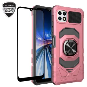 For Boost Celero 5G Plus Case with Tempered Glass Screen Protector Hybrid Ring Shockproof Hard Case Phone Cover - Rose Gold