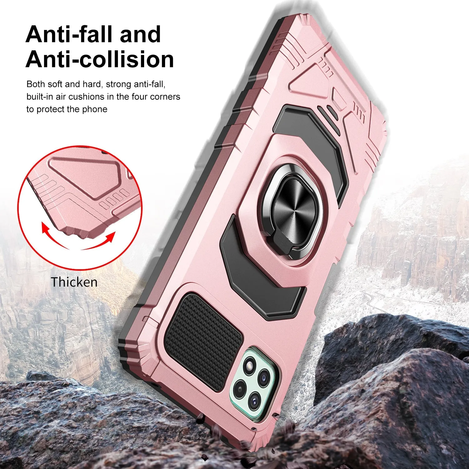 For Boost Celero 5G Plus Case with Tempered Glass Screen Protector Hybrid Ring Shockproof Hard Case Phone Cover - Rose Gold