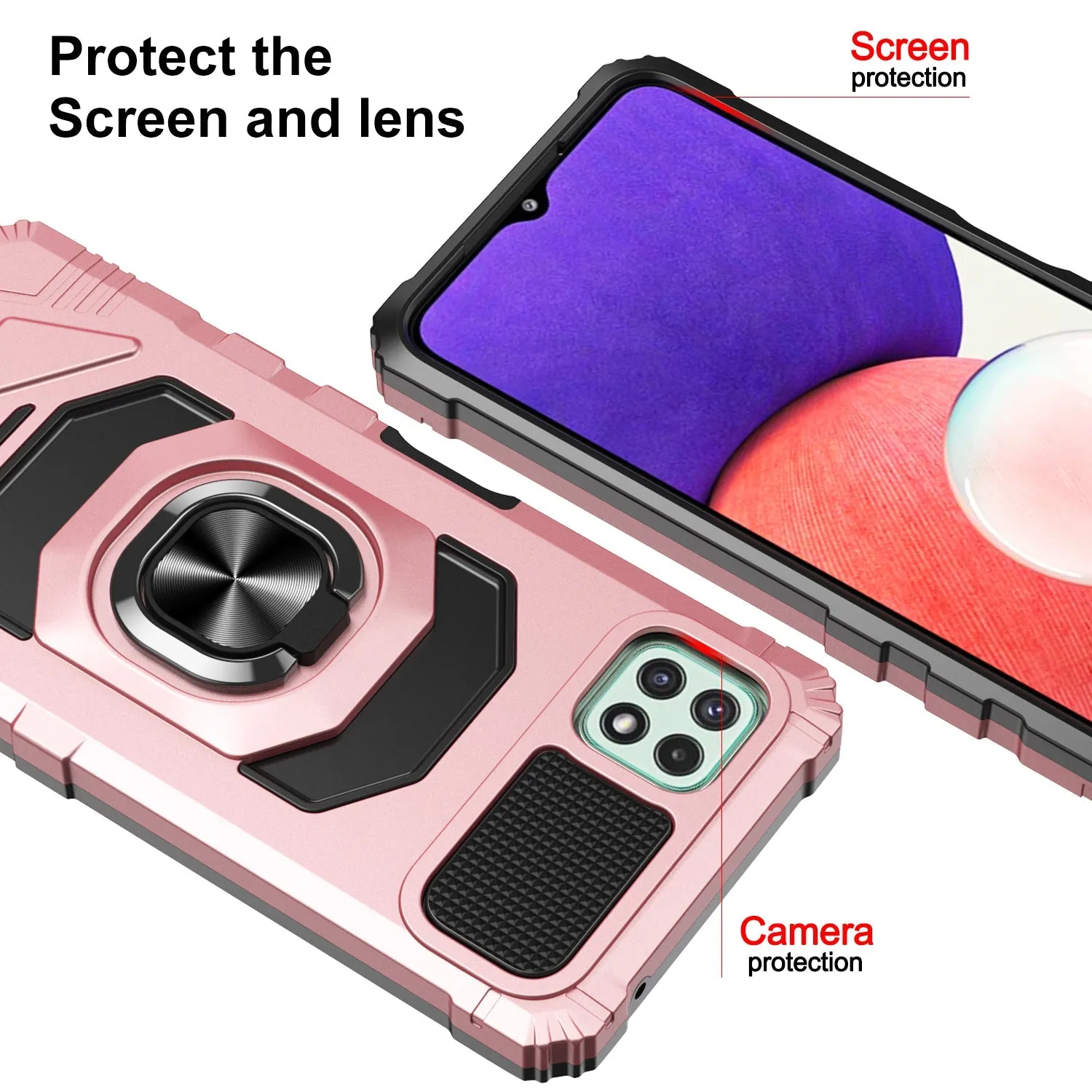 For Boost Celero 5G Plus Case with Tempered Glass Screen Protector Hybrid Ring Shockproof Hard Case Phone Cover - Rose Gold