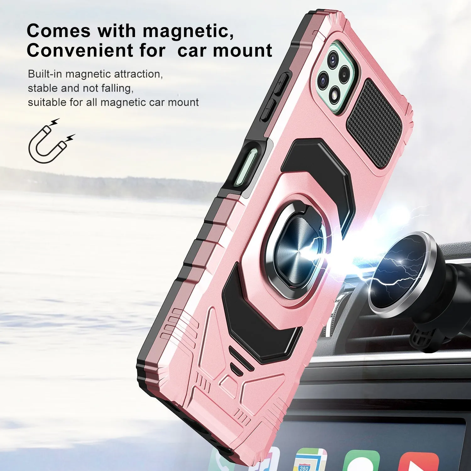 For Boost Celero 5G Plus Case with Tempered Glass Screen Protector Hybrid Ring Shockproof Hard Case Phone Cover - Rose Gold