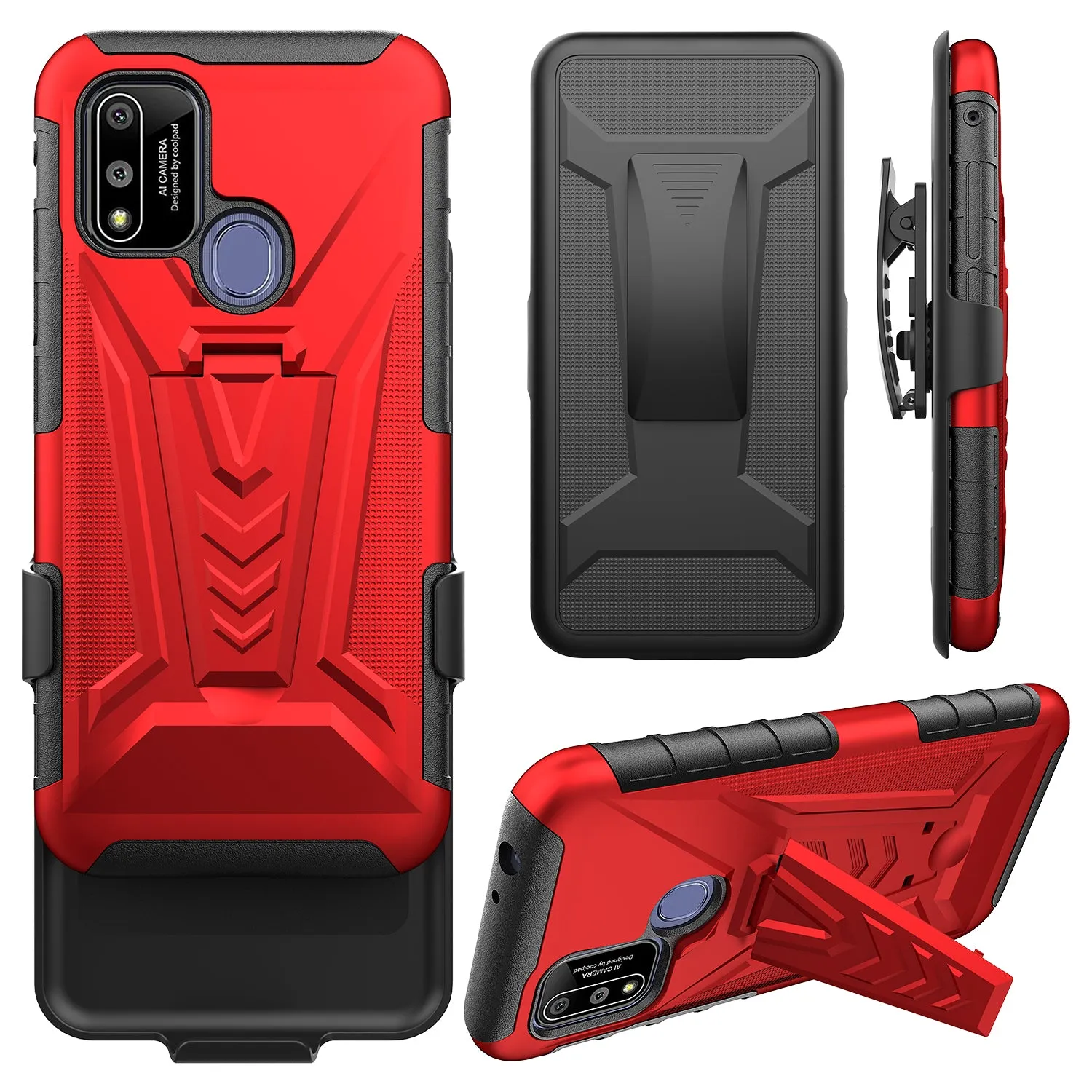 For Coolpad suva Case with Tempered Glass Screen Protector Heavy Duty Protective Phone Case,Built-in Kickstand Rugged Shockproof Protective Phone Case - Red