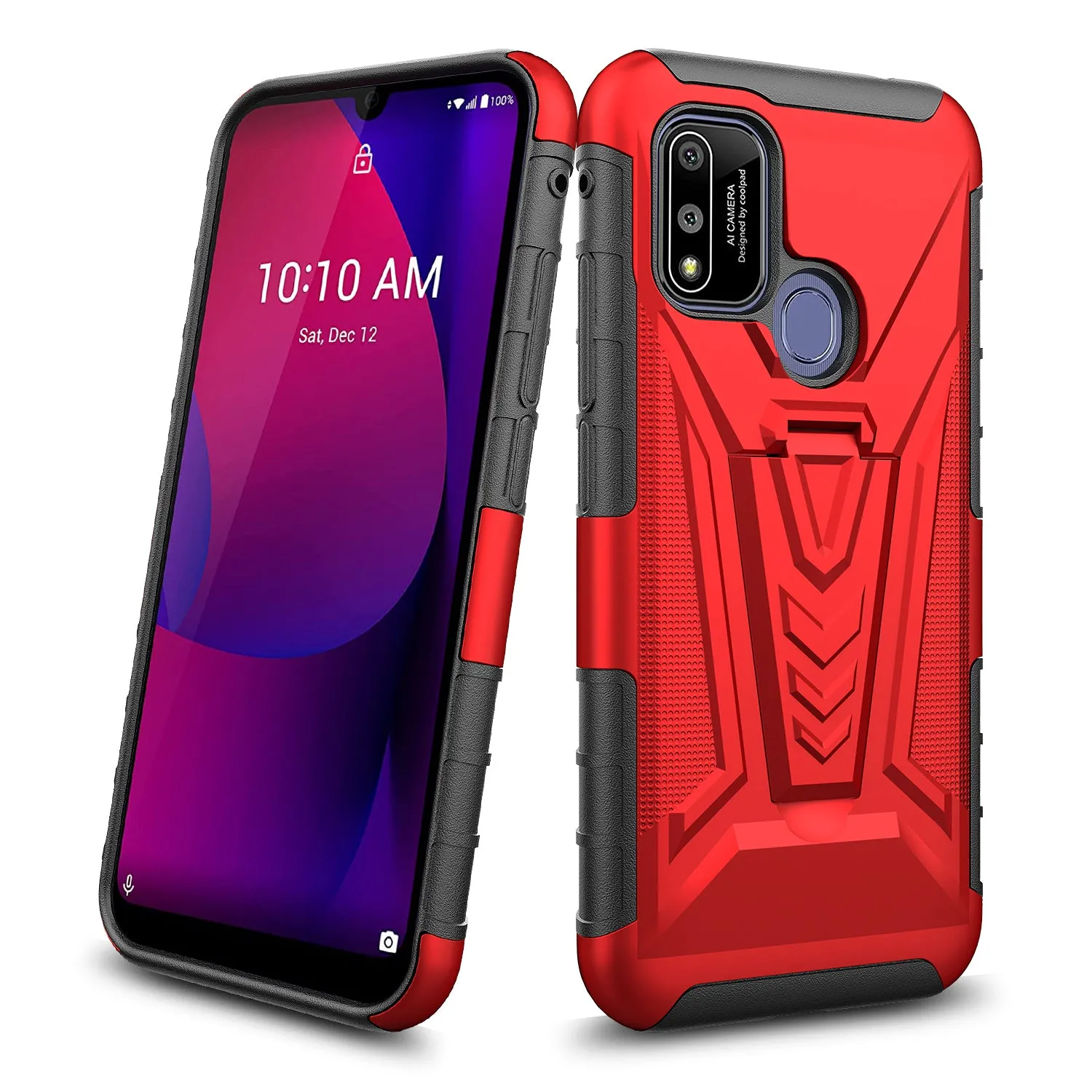 For Coolpad suva Case with Tempered Glass Screen Protector Heavy Duty Protective Phone Case,Built-in Kickstand Rugged Shockproof Protective Phone Case - Red