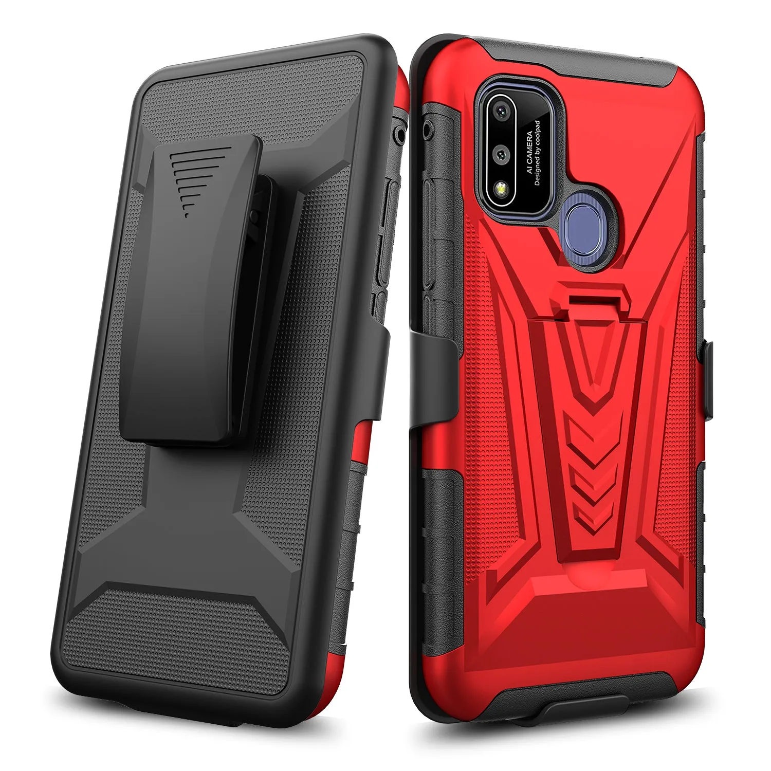 For Coolpad suva Case with Tempered Glass Screen Protector Heavy Duty Protective Phone Case,Built-in Kickstand Rugged Shockproof Protective Phone Case - Red