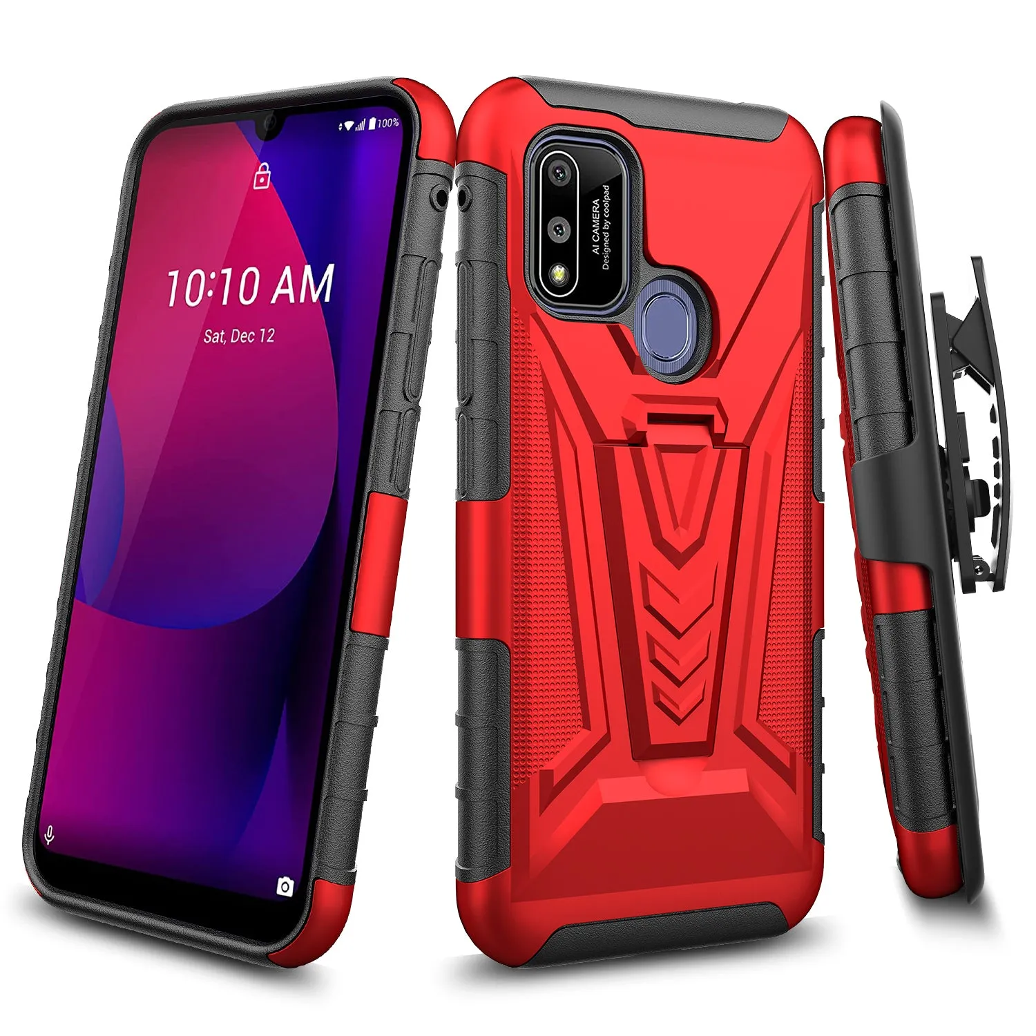 For Coolpad suva Case with Tempered Glass Screen Protector Heavy Duty Protective Phone Case,Built-in Kickstand Rugged Shockproof Protective Phone Case - Red