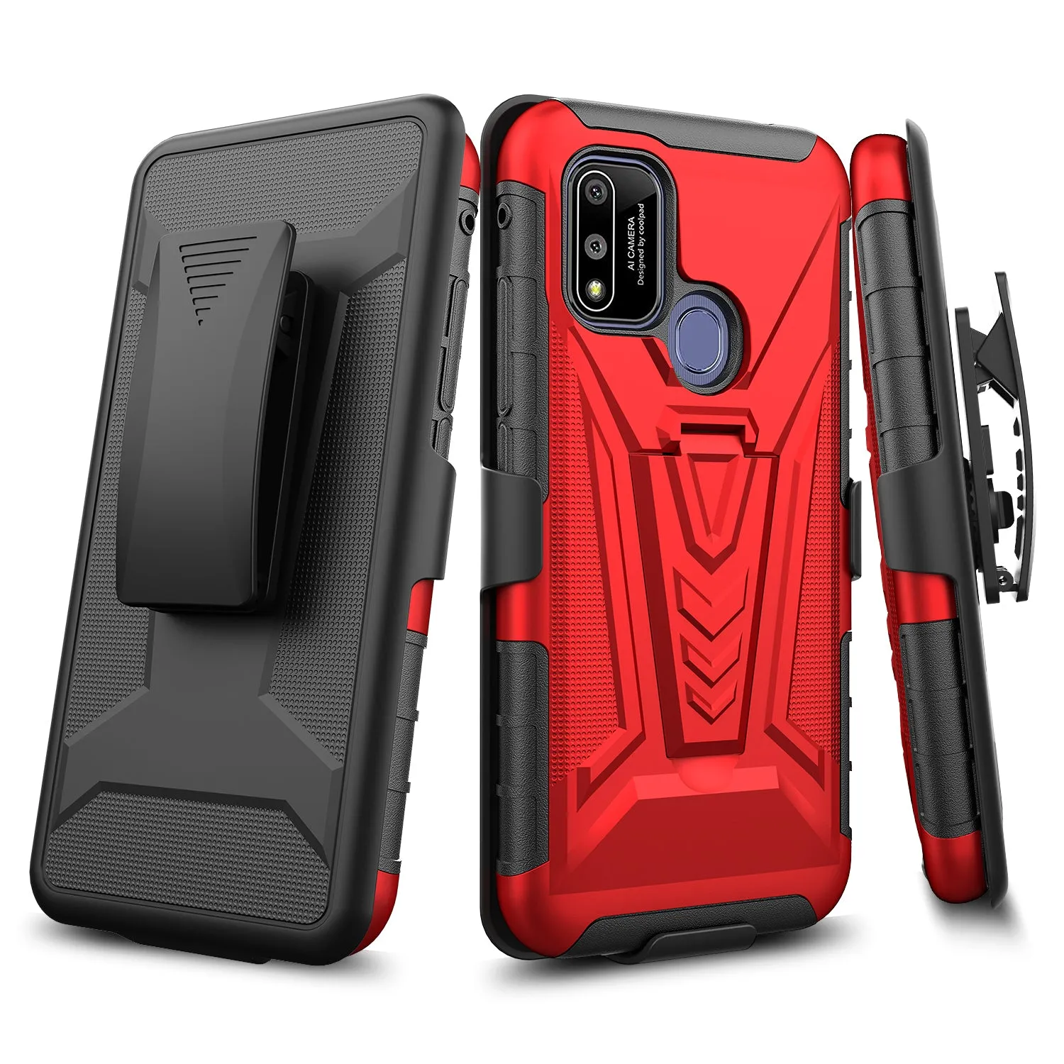 For Coolpad suva Case with Tempered Glass Screen Protector Heavy Duty Protective Phone Case,Built-in Kickstand Rugged Shockproof Protective Phone Case - Red