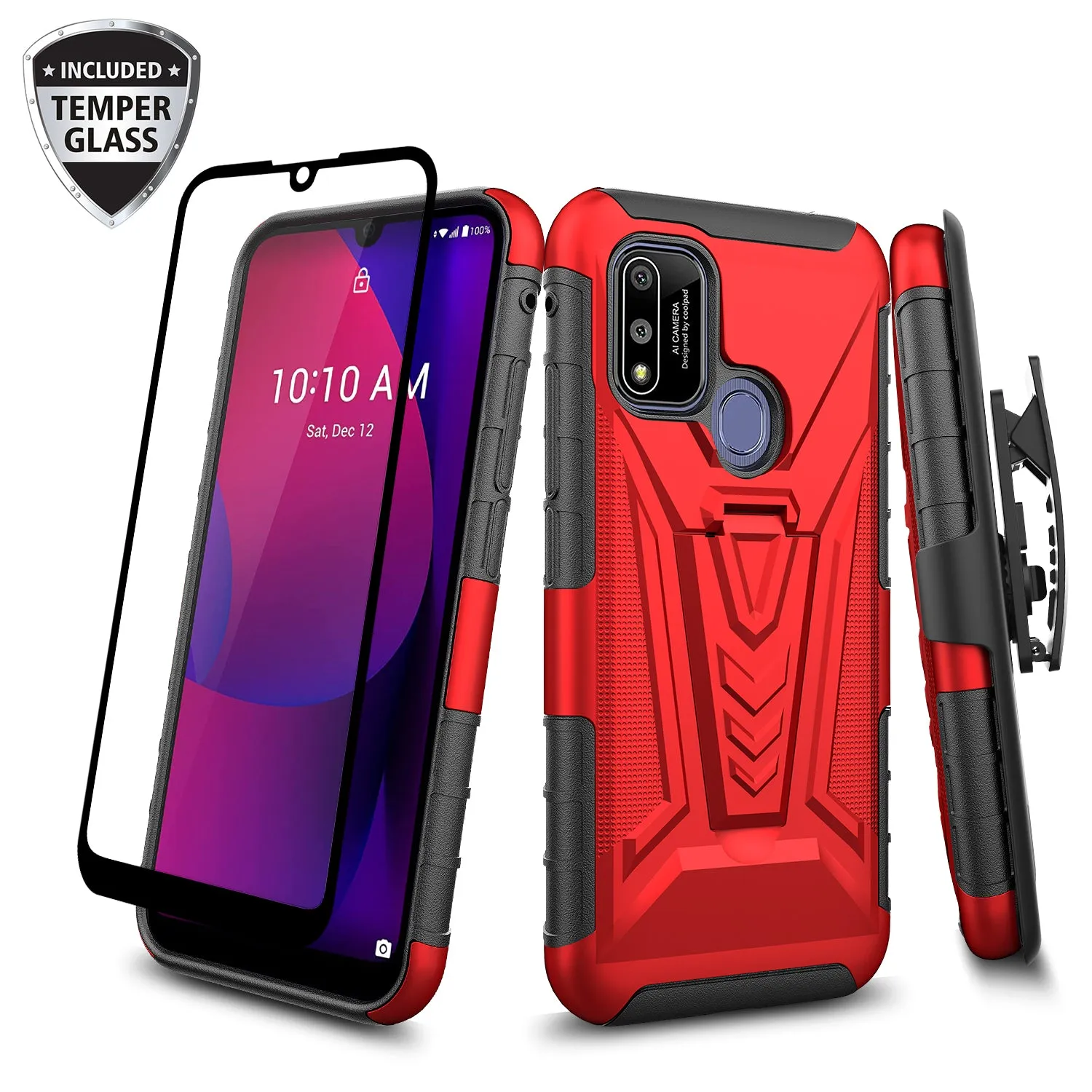 For Coolpad suva Case with Tempered Glass Screen Protector Heavy Duty Protective Phone Case,Built-in Kickstand Rugged Shockproof Protective Phone Case - Red