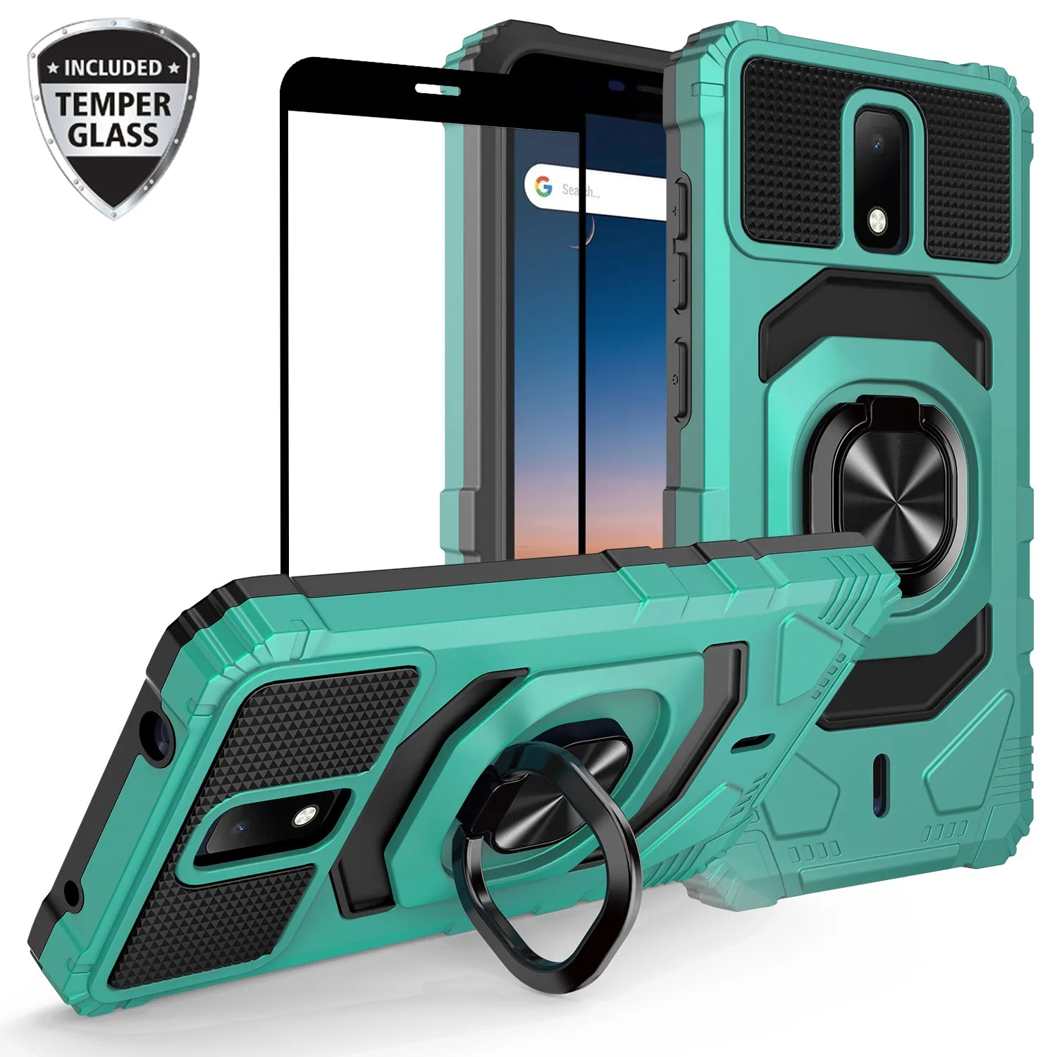 For Cricket Debut Case with Tempered Glass Screen Protector Hybrid Ring Shockproof Hard Case Phone Cover - Teal