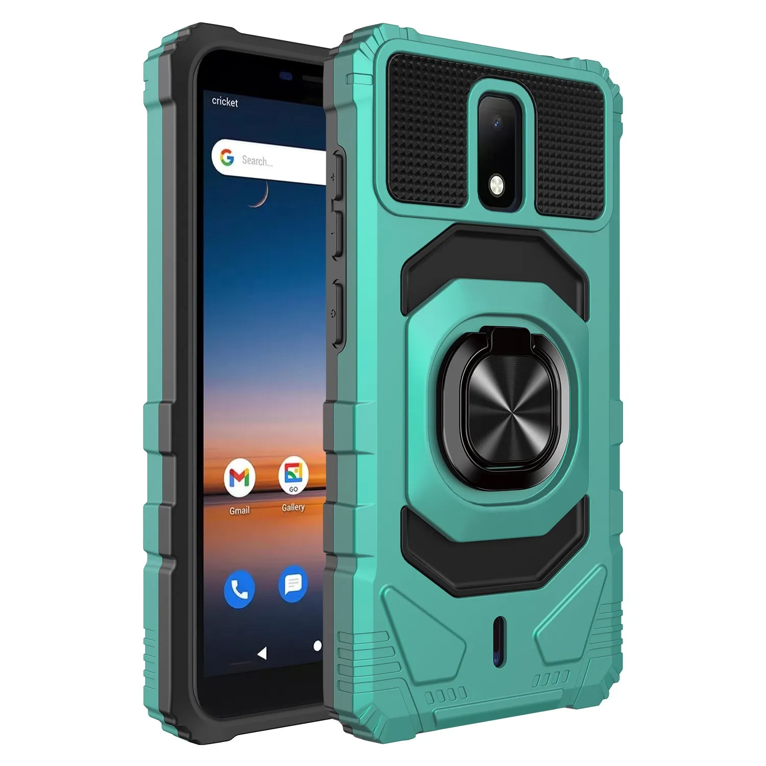 For Cricket Debut Case with Tempered Glass Screen Protector Hybrid Ring Shockproof Hard Case Phone Cover - Teal