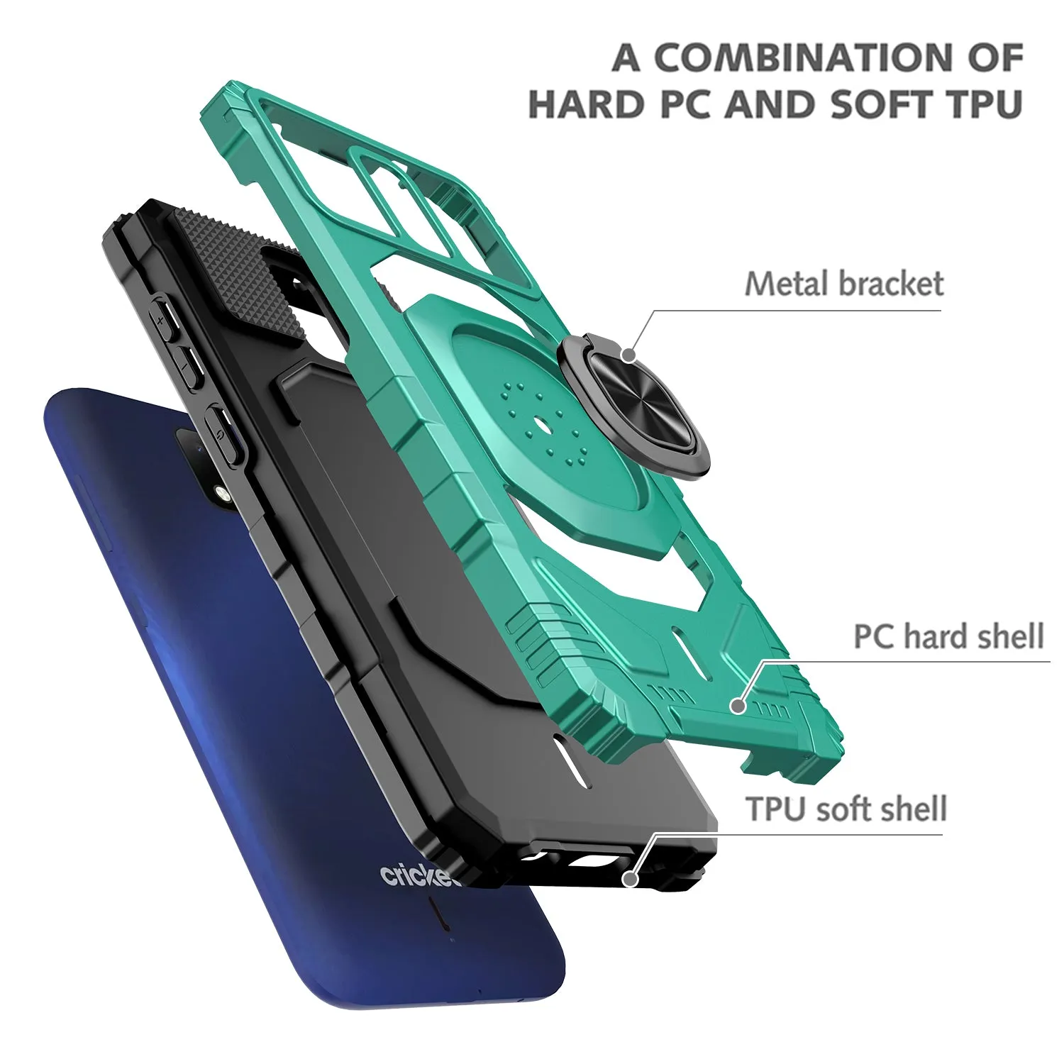 For Cricket Debut Case with Tempered Glass Screen Protector Hybrid Ring Shockproof Hard Case Phone Cover - Teal