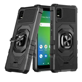 For Cricket Debut Smart Case [Military Grade] Ring Car Mount Kickstand w/[Tempered Glass] Hybrid Hard PC Soft TPU Shockproof Protective Case - Black