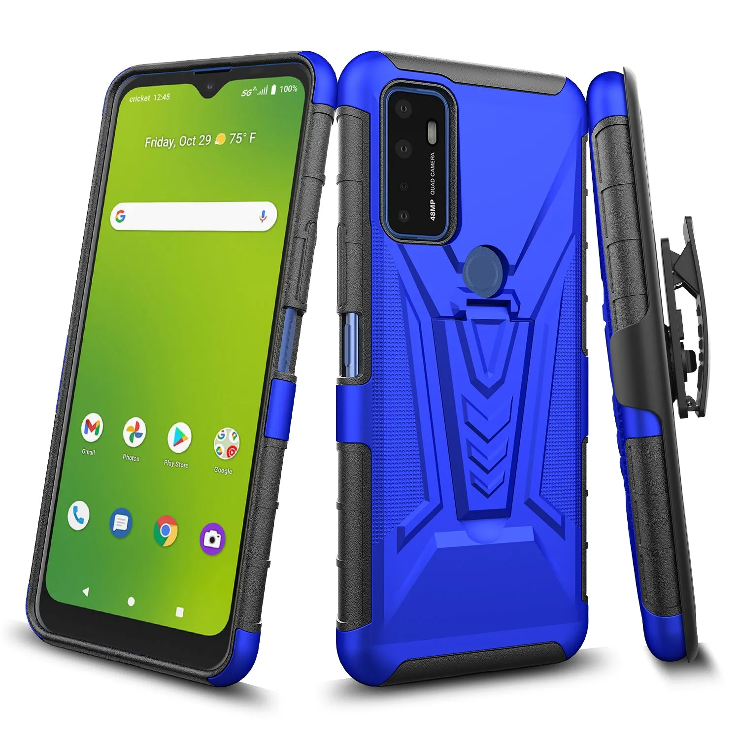 For Cricket Dream 5G / AT&T Radiant Max 5G / AT&T Fusion 5G Case with Tempered Glass Screen Protector Heavy Duty Protective Phone Case,Built-in Kickstand Rugged Shockproof Protective Phone Case - Blue