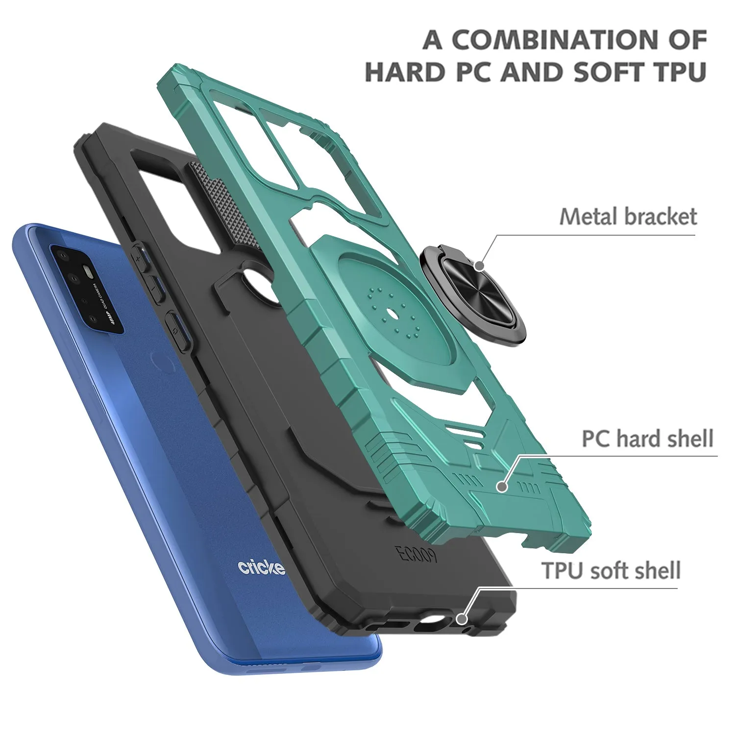 For Cricket Dream 5G / AT&T Radiant Max 5G / AT&T Fusion 5G Case with Tempered Glass Screen Protector Hybrid Ring Shockproof Hard Case Phone Cover - Teal